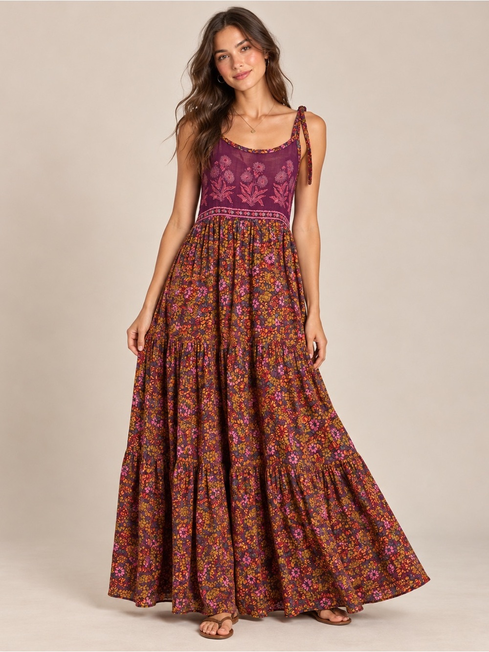 NATURAL LIFE Plum and Rust Floral Tiered Maxi Dress
